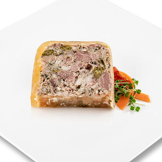 Terrine von Entenfiletspitzen - Aiguilettes, mit 6 Kräutern, Rougié, 1 kg: Feine Terrine aus zarten Entenfiletspitzen, aromatisiert mit sechs verschiedenen Kräutern, Kapern und Cornichons, ideal für alle Jahreszeiten