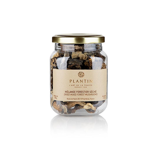Bild einer Packung Mischpilze - Mélange Forestier, Plantin, 50 g, ideal für die Zubereitung von Risotto, Pasta und als Beilage zu Fleisch- und Fischgerichten Entdecken Sie die reichen Aromen des Waldes mit dieser exklusiven Auswahl von sorgfältig ausgewählten Pilzen
