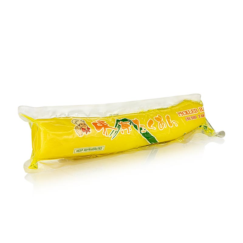 Lang, gelb, süß-sauer eingelegter Takuwan Rettich aus China, perfekt als Appetithappen und für Sushi