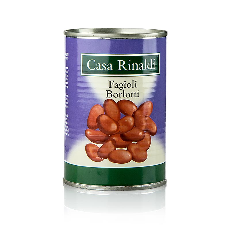 German: Gegarte Borlotti Bohnen, auch bekannt als Fagioli Borlotti, in einer 400 g Dose