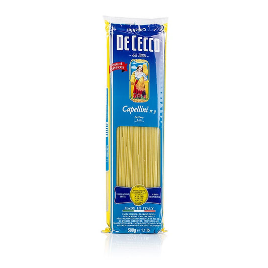 De Cecco Capellini, No9, 500 g - Lange, runde, längliche Nudeln aus Hartweizen Geeignet für diverse Soßen und als Suppeneinlage Hergestellt von De Cecco, Synonym für Qualität seit 1887