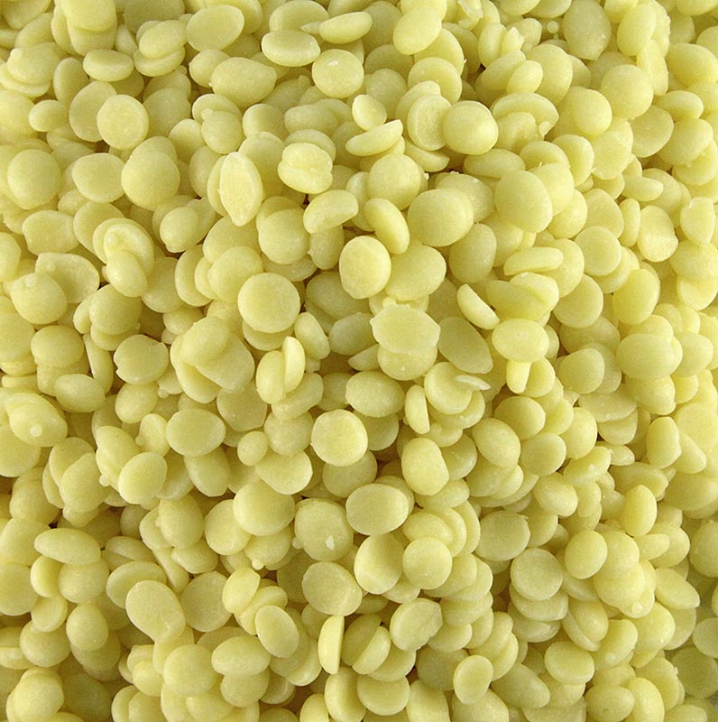 Kakaobutter, Callets, 2,5 kg: Hochwertige Kakaobutter in flüssigem Zustand, zur Herstellung von Schokolade und Kuvertüre verwendet