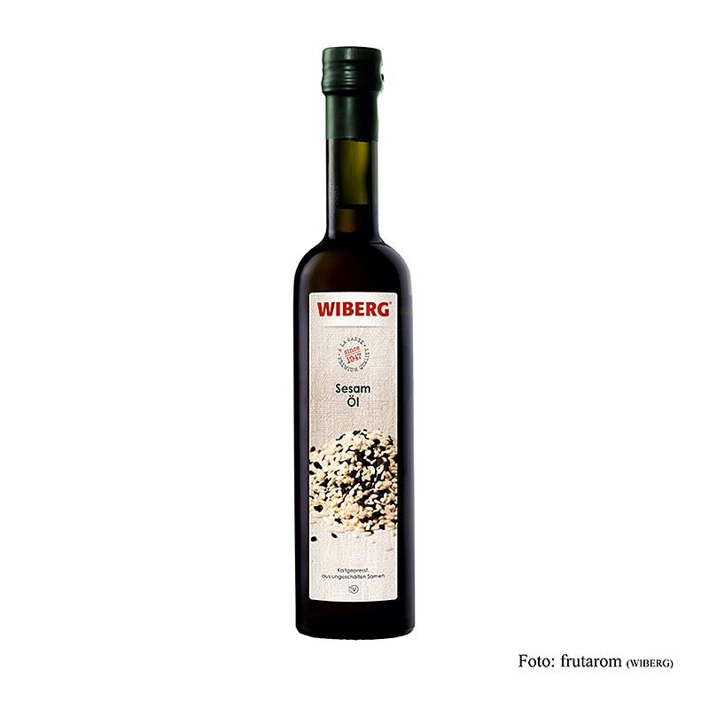 Kaltgepresstes Wiberg Sesamöl in 500 ml Flasche für zarte und feine Geschmacksnoten, ideal für Reis, Hirse, Soja, Salate und rote Rüben, ansprechende Präsentation am Buffet