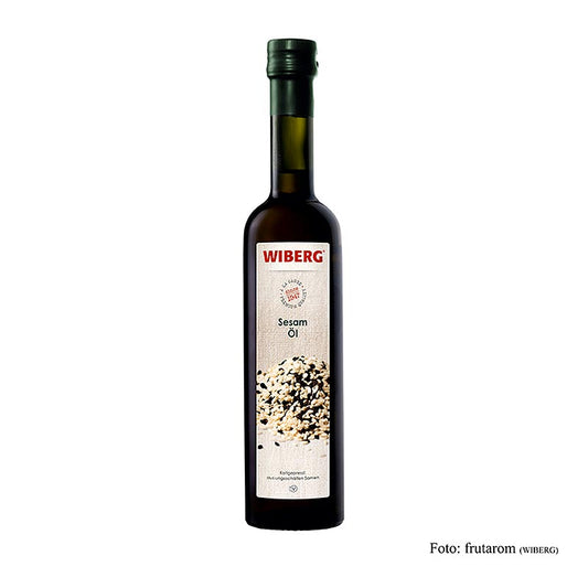 Kaltgepresstes Wiberg Sesamöl in 500 ml Flasche für zarte und feine Geschmacksnoten, ideal für Reis, Hirse, Soja, Salate und rote Rüben, ansprechende Präsentation am Buffet