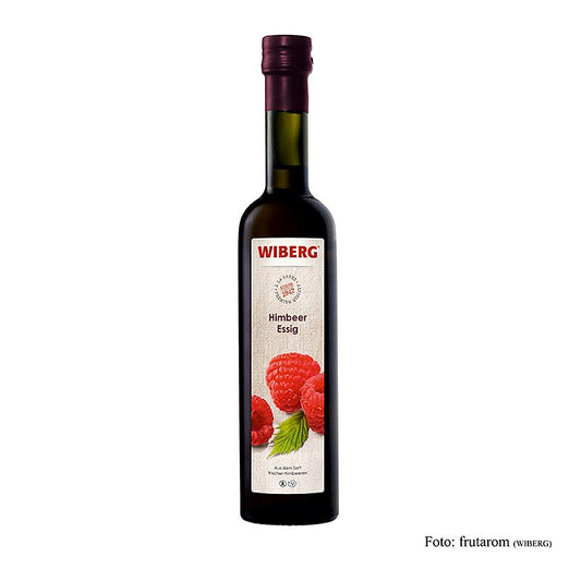 Himbeer Essig von Wiberg, hergestellt aus purem, vergorenem Saft vollreifer Himbeeren, ideal zu feinen Salaten, Fisch, Fleisch, Geflügel und Himbeerdesserts Edles Flaschendesign für dekorative Präsentation