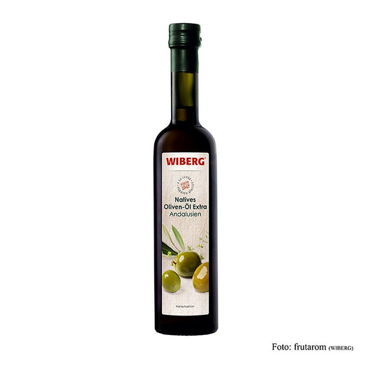 Flasche Wiberg Natives Olivenöl Extra, Kaltextration, Andalusien, 500 ml, mit frischgeernteten Oliven, fruchtigem, kräftigem und prägnantem Geschmack, ideal für Salate, Salatmarinaden, Salatkompositionen und Kurzbraten von Fisch, Geflügel- und Fleischspeisen