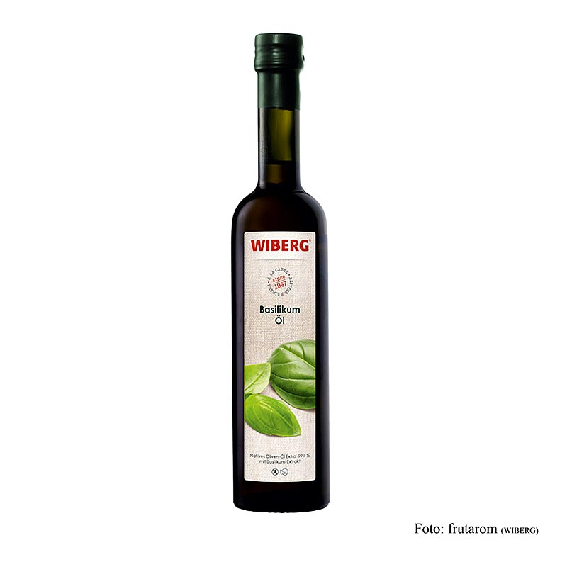 Flasche Wiberg Basilikumöl, kaltgepresstes natives Olivenöl Extra mit Basilikumextrakt, 500 ml, ideal für Salate, Gemüse und Fischgerichte, hoch-aromatisch und fein-würzig