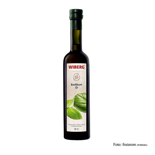 Flasche Wiberg Basilikumöl, kaltgepresstes natives Olivenöl Extra mit Basilikumextrakt, 500 ml, ideal für Salate, Gemüse und Fischgerichte, hoch-aromatisch und fein-würzig