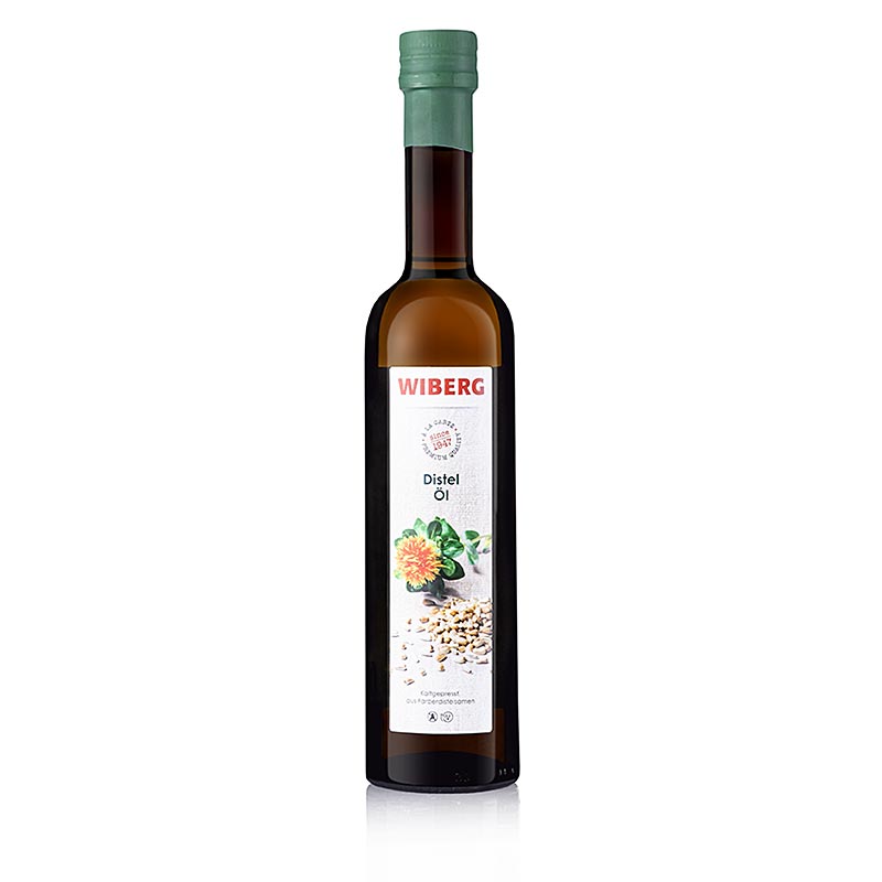 Alt text: Wiberg Distelöl, kaltgepresst, aus Färberdistelsamen, 500 ml - hochwertiges, kaltgepresstes Distelöl aus den Samen der Färberdistel in einer 500 ml Flasche