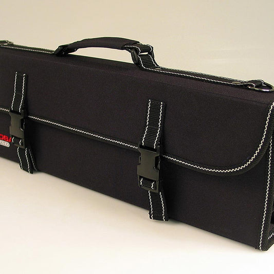 Messertasche aus Nylon mit 16 Fächern für Global-Messer, Visitenkarten und Stifte, Klickverschlüssen, Tragegriff und Tragegurt, feste, faltbare Mappe, Schutzlasche innen, Maße: 51,5 x 19 x 7cm