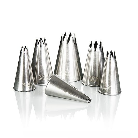 Spritzbeutel-Tüllen Set aus Metall mit 6 sternförmigen Tüllen in verschiedenen Größen (ø 15, 13, 10, 8, 6 und 4mm)