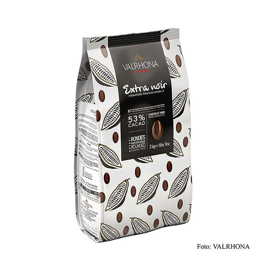 Valrhona Extra Noir, dunkle Couverture, Callets, 53% Kakao, 3 kg - Schokoladen-Callets mit 53% Kakaoanteil, ideal zum Überziehen, Dekorieren, Füllen von Pralinen und Herstellung von Schokoladenformen Universell einsetzbar und gut zu portionieren für das Herstellen von Mousse