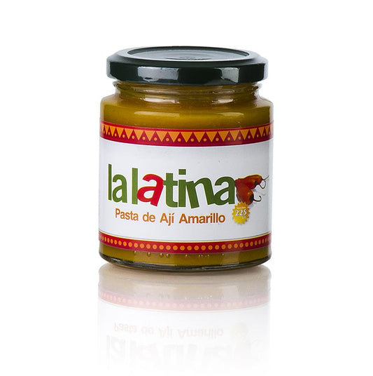 Eine 225 g schwere Chili-Paste mit gelben peruanischen Chilis, scharf und fruchtig, ideal zu Kartoffeln, Fleisch, Empanadas und Tamales