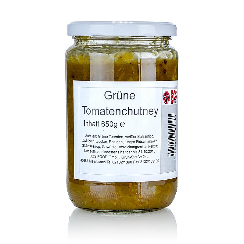 Grüne Tomaten Chutney mit weißem Balsamico, Zwiebeln, Rosinen und Ingwer, süßlich-pikant gewürzt, ideal als Beilage zu Käse, kaltem Fleisch oder Fondue, 650 g