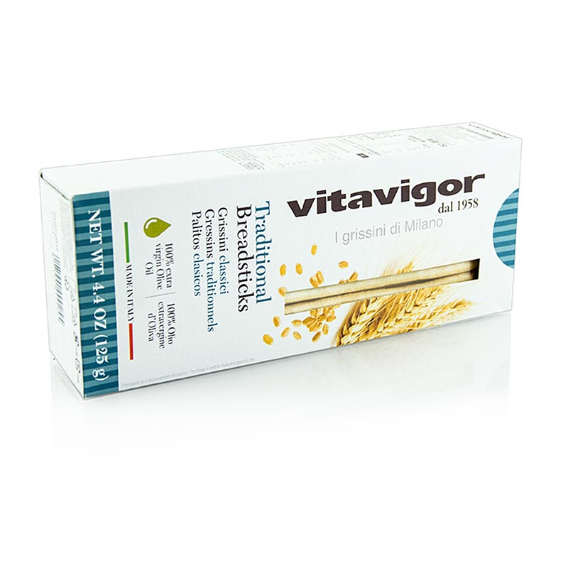 German

Alt text: Knusprige und dünn geschnittene Grissini von Vita Vigor, 125 g Verpackung