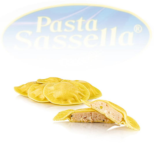 Frische Agnolotti mit Lachs-Füllung, rund und hell, Sassella, 500 g - Hausgemachte Nudeln von hoher Qualität, gefüllt mit leckerem Lachs, perfekt mit Bechamel-, Käse- oder Fischsauce