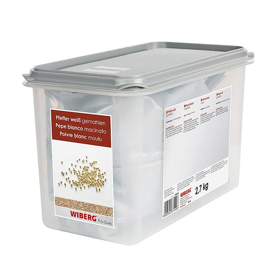 Gemahlene weiße Pfefferkörner von Wiberg, scharf-aromatisch und fein-würzig im Geschmack, ideal zum Würzen von Salaten, Suppen, Saucen, Fleisch, Geflügel, Wild, Hülsenfrüchten und Käse