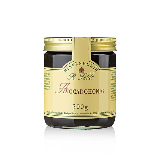 Miel d'avocat de l'apiculture Feldt, foncé, liquide, avec un léger arôme de prune, 500 g