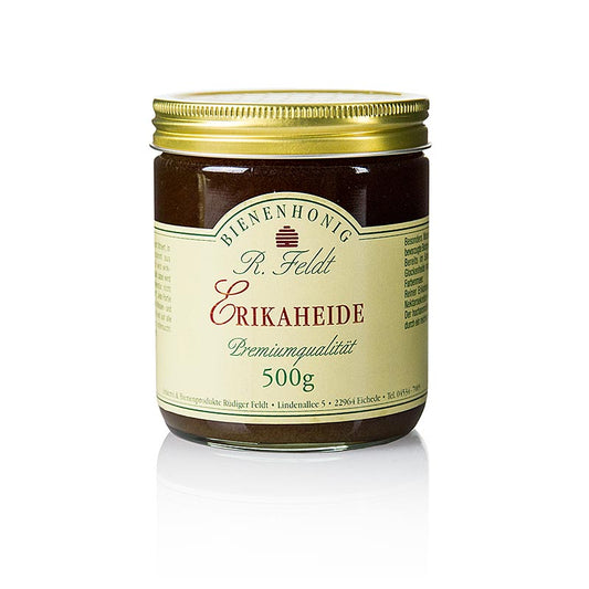 Erikaheide-Honig, Spanien oder Frankreich, dunkel, hocharomatisch, blumig, 500 g - Dunkler, hocharomatischer Erikaheide-Honig aus Spanien oder Frankreich, hergestellt aus dem Nektar der blühenden Glockenheide in Mooren und feuchten Wäldern, mit einem reichen Bukett