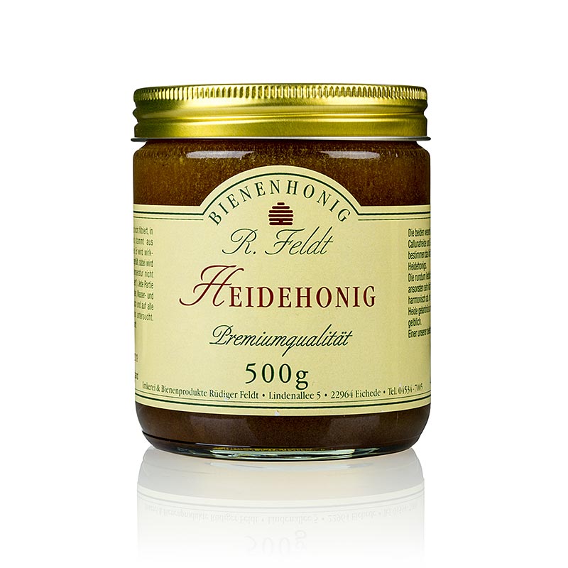 Heide-Honig, dunkel, cremig, aromatisch, heidetypisch kräftig, 500 g - Kräftig-blumiges Aroma aus Callunaheide und Glockenheide, gelantinös und rotbraun im flüssigen Zustand, einer der beliebtesten aromatischen Honige