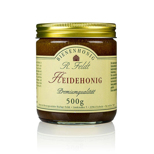 Heide-Honig, dunkel, cremig, aromatisch, heidetypisch kräftig, 500 g - Kräftig-blumiges Aroma aus Callunaheide und Glockenheide, gelantinös und rotbraun im flüssigen Zustand, einer der beliebtesten aromatischen Honige
