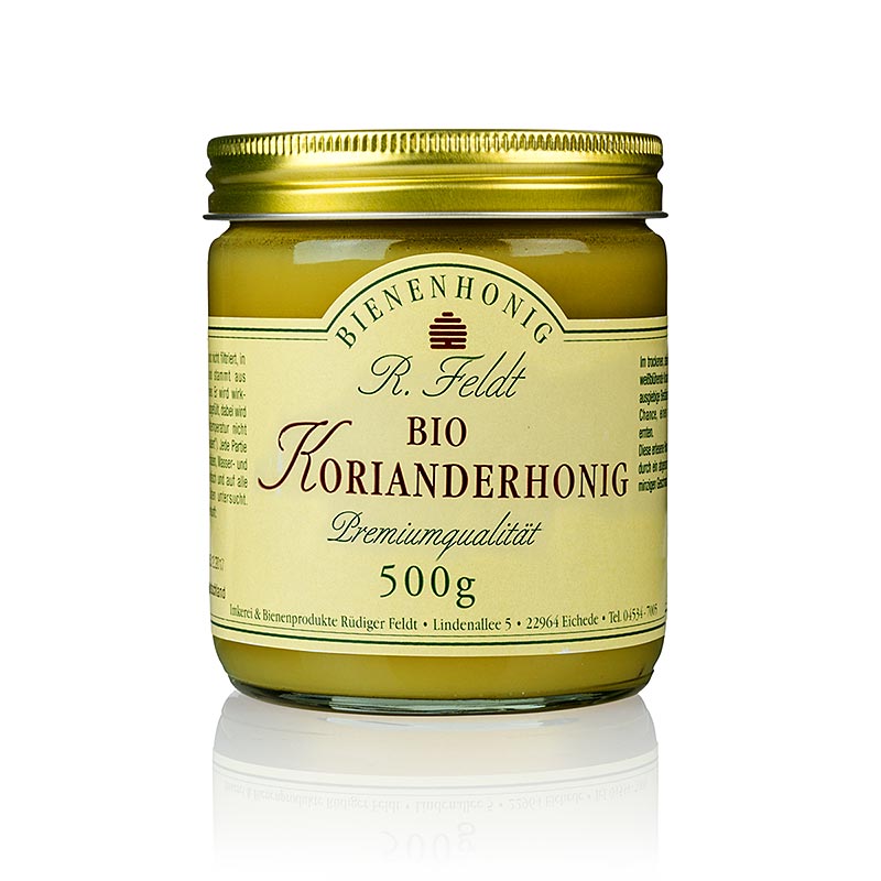 Feldt Koriander-Honig, Karpaten, hell, feincremig, würzig, BIO, 500 g - Ocker-gelber Bio-Honig aus dem trockenen Karpatenvorland, mit abgerundetem würzigem Kräuteraroma und leichten Fenchel-Süßholznoten