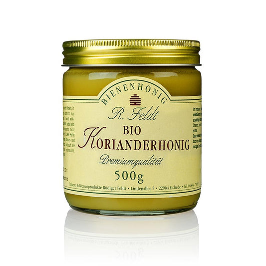 Feldt Koriander-Honig, Karpaten, hell, feincremig, würzig, BIO, 500 g - Ocker-gelber Bio-Honig aus dem trockenen Karpatenvorland, mit abgerundetem würzigem Kräuteraroma und leichten Fenchel-Süßholznoten