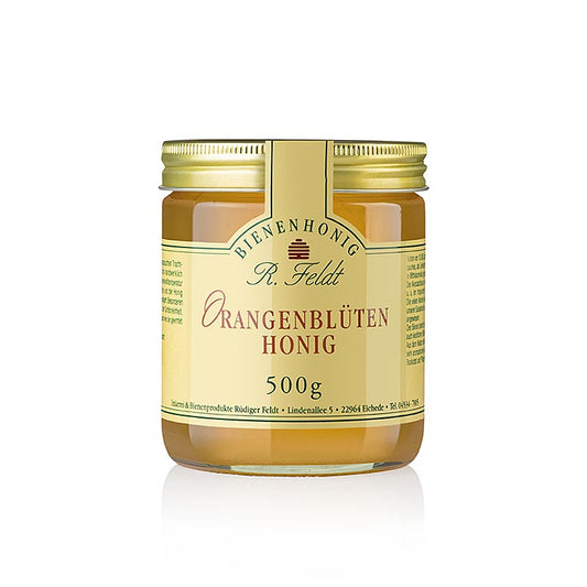 Miel de fleur d'oranger de l'apiculture Feldt, couleur or, liquide, doux, 500 g