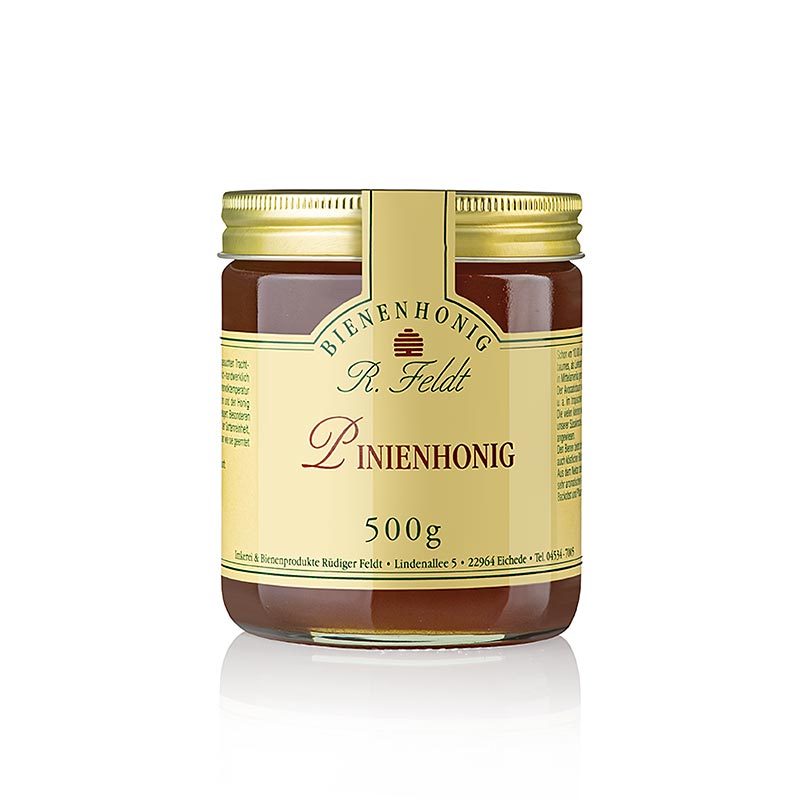 Apiculture Feldt -Miel, foncé, miel de forêt de pins au goût doux et légèrement épicé, avec des notes végétales, 500 g