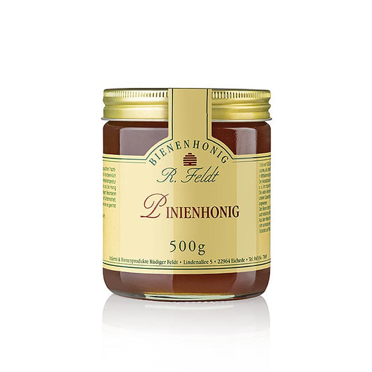 Apiculture Feldt -Miel, foncé, miel de forêt de pins au goût doux et légèrement épicé, avec des notes végétales, 500 g