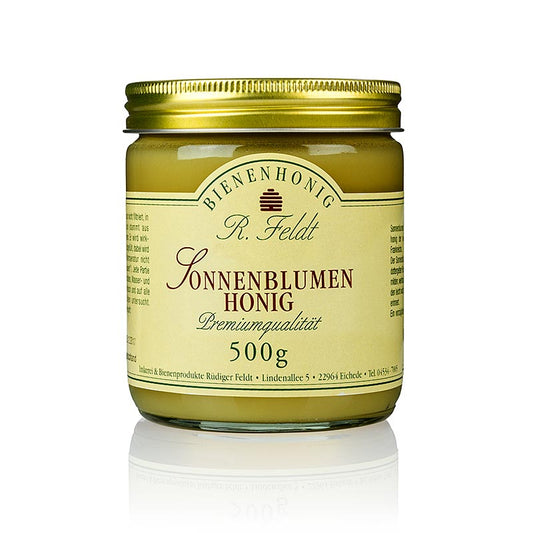 Sonnenblumen-Honig, sonnengelb, feincremig, mild aromatisch, 500 g - Sommertrachthonig von den Sonnenblumenfeldern Frankreichs, zart cremig mit mild-würzigem, weihrauchartigem Geschmack
