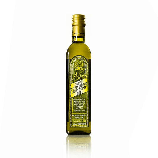 Flasche natives Olivenöl Extra Aderes Tropföl aus Peloponnes, 500 ml, handgeerntet, feines Aroma, niedriger Säuregehalt, ideal für Rohkostsalat