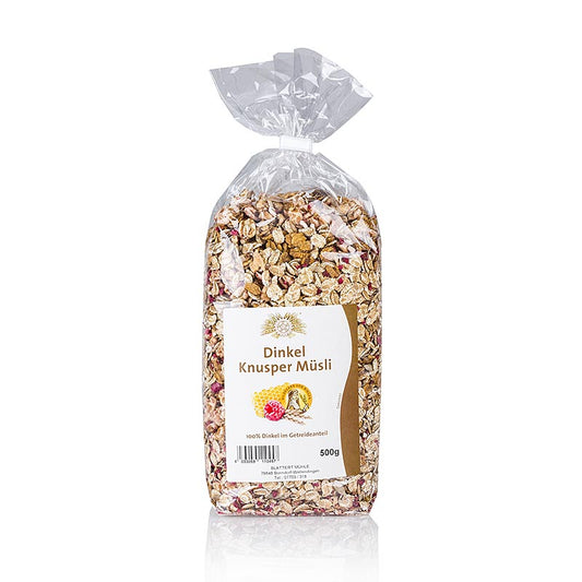 Dinkel Knusper Müsli, Blattert Mühle, 500 g - Hochwertiges Müsli aus Dinkelflocken, Honig, Sultaninen, getrockneten Äpfeln, Himbeeren, Sonnenblumenkernen, pflanzlichem Öl und Zimt, ohne Weizenzusatz