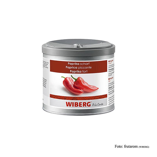 Illustration eines 260 g Wiberg Paprikapulvers, scharf im Geschmack, ideal für Salate, Aufstriche, Suppen, Saucen, Fleisch, Geflügel, Wild, Fisch, Krustentiere, Reis, Nudelgerichte, Käse, Gemüse und Beilagen Herstellungsverfahren mit mehr Geschmack, Sorgfalt und Know-how