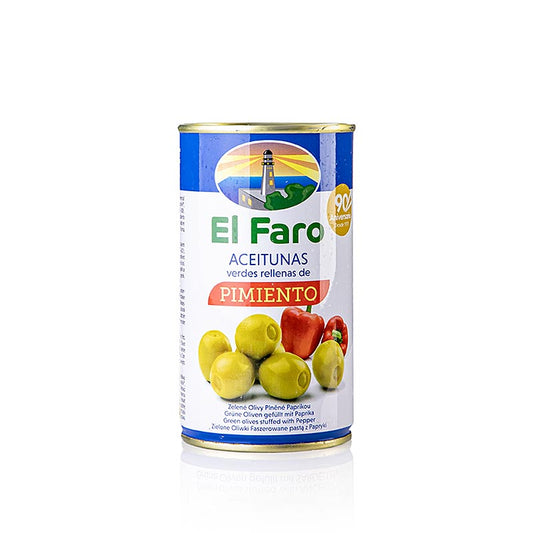 Olive verdi senza nocciolo, con pasta di paprica, in salamoia, El Faro, 350 g