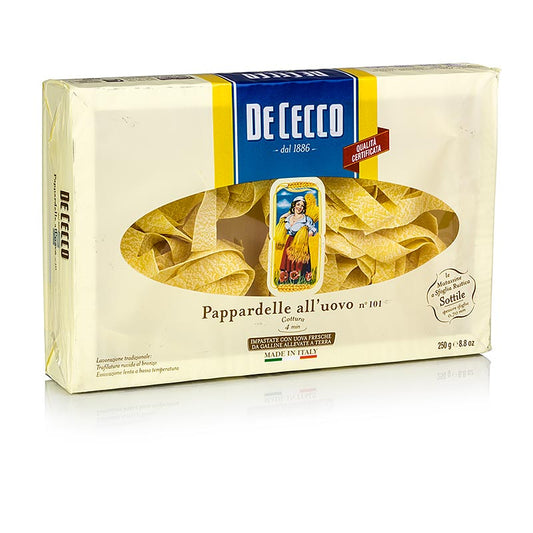 De Cecco Pappardelle mit Ei, No101, 250 g - Langformatige Nudeln aus Italien, ideal für Wildbret- und Wildfleischsaucen