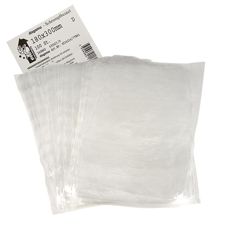 Schrumpf-Beutel/Shrinkbags zum Vakuumieren und im Wasserbad schrumpfen, 180x300mm, 100 St, ermöglicht effektive Verpackung von Fleisch, Fisch und Käse mit Sauerstoff- und Feuchtigkeitsbarriere Einfache Handhabung: Vakuumieren und schrumpfen in heißem Wasser