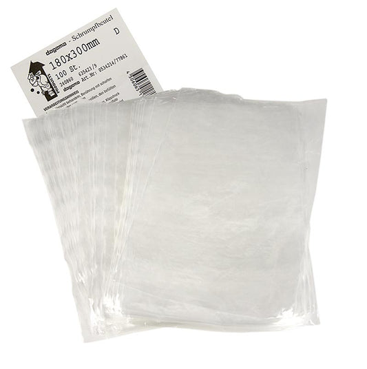 Schrumpf-Beutel/Shrinkbags zum Vakuumieren und im Wasserbad schrumpfen, 180x300mm, 100 St, ermöglicht effektive Verpackung von Fleisch, Fisch und Käse mit Sauerstoff- und Feuchtigkeitsbarriere Einfache Handhabung: Vakuumieren und schrumpfen in heißem Wasser