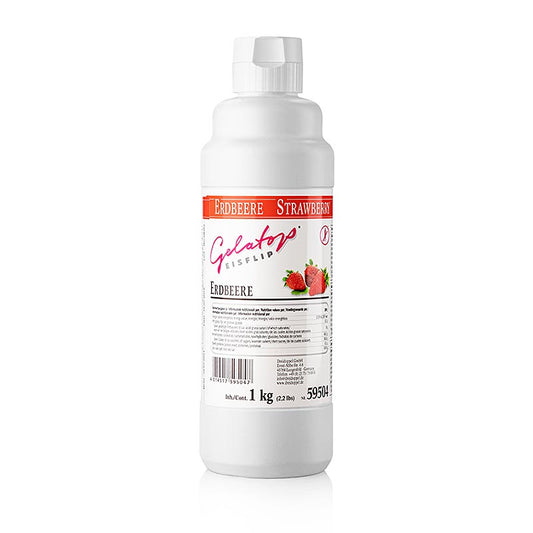 Eine köstliche Erdbeerflip-Gelatop-Sauce von Dreidoppel No595, 1 l, perfekt zum Garnieren von Speiseeis und Desserts und zur Herstellung von Milchshakes Genießen Sie den intensiven Geschmack frischer Erdbeeren