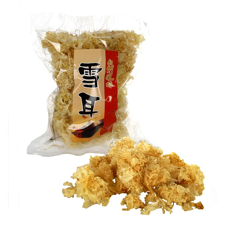Getrocknete 100g Silberohr, krauser weißer aromatischer Pilz aus China, Zubereitung in Wok mit Zwiebeln und Sojasauce
