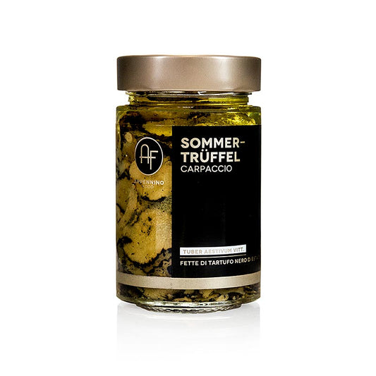 Schwarze Sommertrüffel Carpaccio in Olivenöl konserviert, intensiver Trüffelgeschmack, perfekt zu Käse, Nudeln und Fleischgerichten