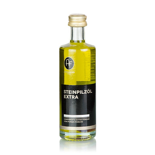 Flasche mit 60 ml Steinpilzöl, Olivenöl mit Steinpilz & Aroma, ideal zur Abrundung von Pilzgerichten, vollendet mit authentischem Steinpilzgeschmack aus dem Appennino-Gebirge