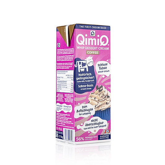 Aufschlagbares Sahne-Dessert QimiQ Whip Kaffee, kalt aufschlagbar, 16% Fett, ideal für Espuma-Einsatz und einfrieren Erhältlich in 4 Sorten: Kaffee, Vanille, Schokolade und Natur