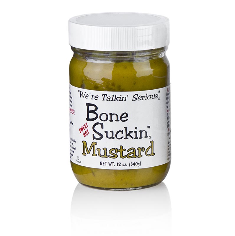 Bone Suckin´ Mustard Sweet and Hot, BBQ Senf, Ford´s Food, 325 ml - Eine süße und pikante Senfsauce mit braunem Rohrzucker, Jalapeno-Chilischoten, Melasse, Knoblauchpulver und anderen Gewürzen Perfekt für Hähnchennuggets, Frikadellen, Gegrilltes und als Aufstrich für pikante Sandwiches
