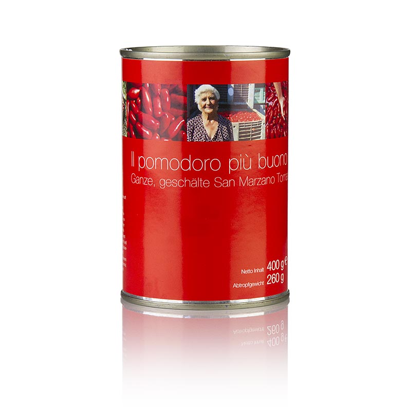 San Marzano Tomaten, ganz, rot, geschält, Kampanien, Italien, 400 g - Traditionelle handgeerntete Tomaten mit geschützter Ursprungsbezeichnung aus Kampanien, Italien