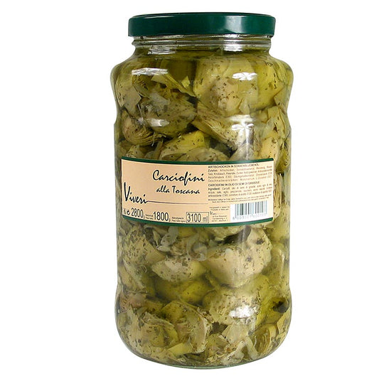 Eingelegte Artischocken, geviertelt - alla Toscana, mit Kräutern, 2,8 kg: Geviertelte Artischockenherzen, verfeinert mit Kräutern und leicht gesäuert, in Sonnenblumenöl eingelegt