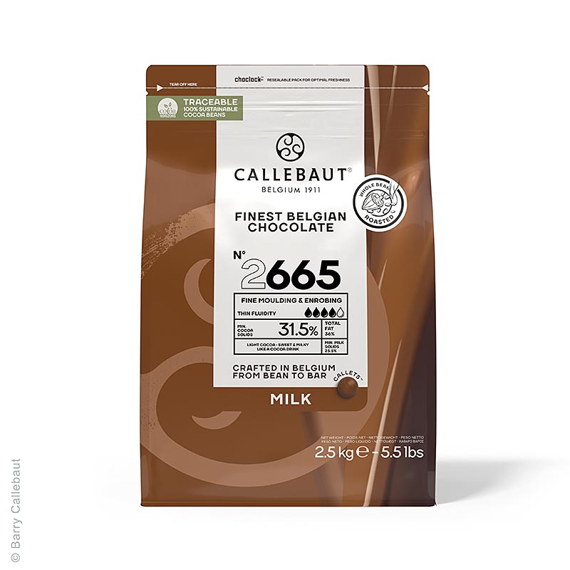Latte intero, consistenza fluida, callets, 33% Cacao, 2,5 kg