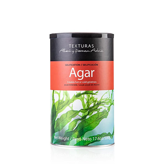 Agar, Texturas Ferran Adrià, E 406, 500 g - Raffiniertes Pulver aus roten Algen, geeignet für heiße Gelatinen, hitzestabil bis 80°C, schnelle Gelierung, verliert in sauren Lösungen etwas seiner Gelierfähigkeit