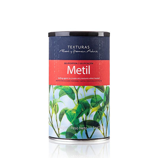 Metil (Methylcellulose), Texturas Ferran Adrià, E 461, 300 g - Geliermittel aus pflanzlicher Cellulose für warme Speisen, mit großem Viskositätsbereich Raffiniertes Pulver, kalt mischen, kräftig rühren und auf 4°C herunterkühlen Gelierfähigkeit bei 40-60°C, verflüssigt sich beim Abkühlen