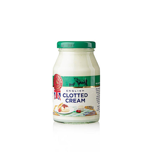 Englische Clotted Cream, feste Rahm-Creme, 55% Fett, 170 g - Feinste Weidemilch aus Devon, seidige Textur, cremige Frische, ideal zu Scones und Marmelade